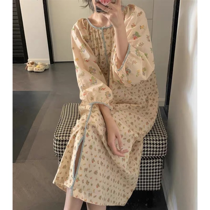 睡衣女春秋季日系覆古小碎u花撞色蕾丝花边睡裙可外穿长袖棉麻套
