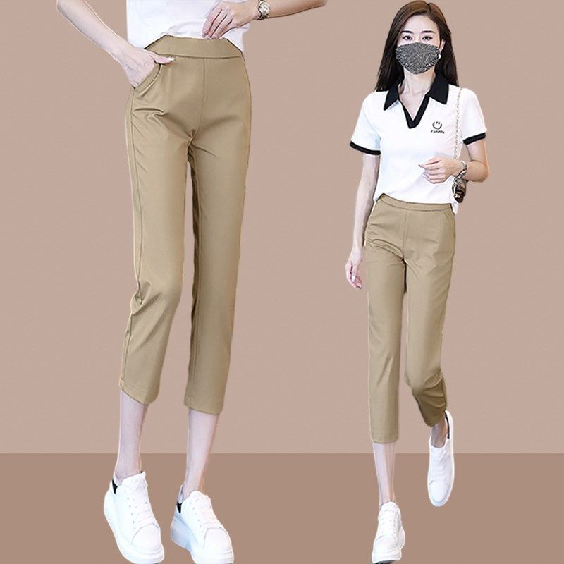 薄款弹力松紧腰女士小脚裤西装裤2025夏季新款七八分高腰休闲裤子