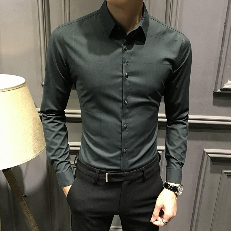 春秋男士刺绣长袖衬衫韩版2021新款高级休闲衬衣潮修身商务上衣寸