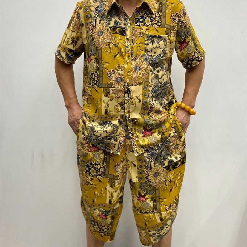 夏季男士半袖衬衫七分裤套装中青年宽松加肥薄款哈伦短裤两件套潮