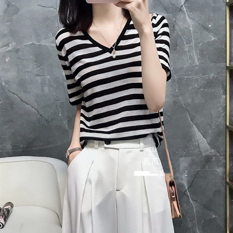 拼色冰丝黑白条纹针织短袖女夏季薄款V领宽松上衣T恤百搭半袖打底