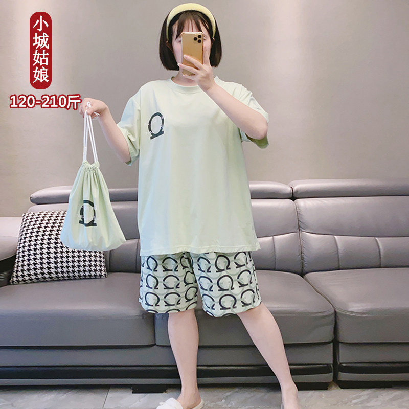 清新休闲布袋睡衣女夏天大码200斤纯棉短袖短裤宽松家居服两件套