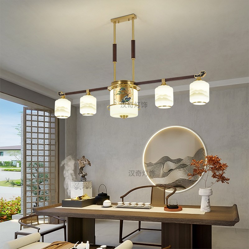 新中式餐厅吊灯禅意长条中国风直盘书房茶台三头全铜吧台茶室吊灯