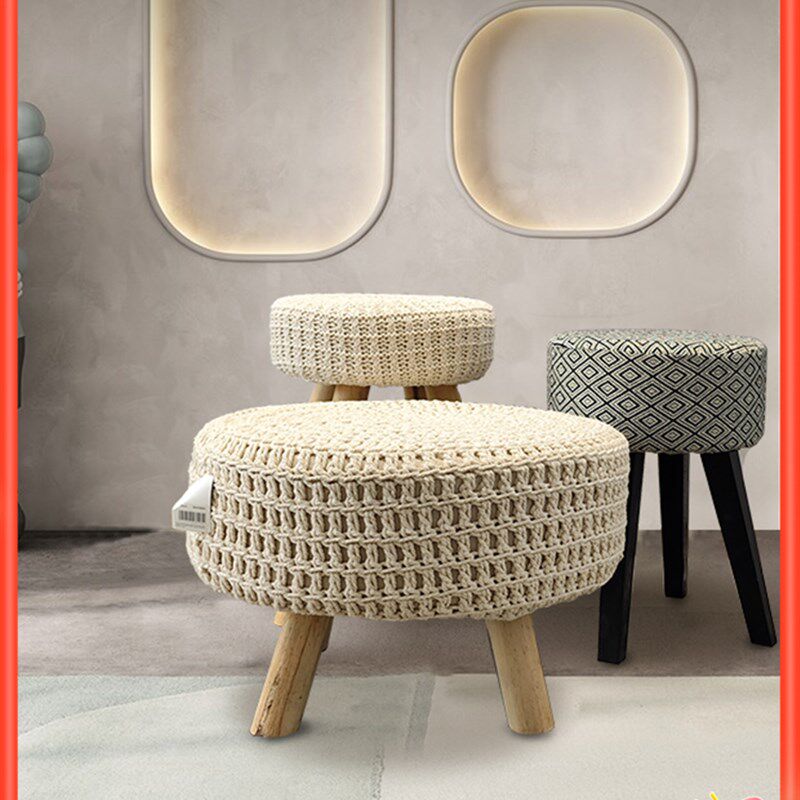 北欧风原木凳子棉麻编织实木椅子化妆凳日式客厅沙发懒人休闲脚墩
