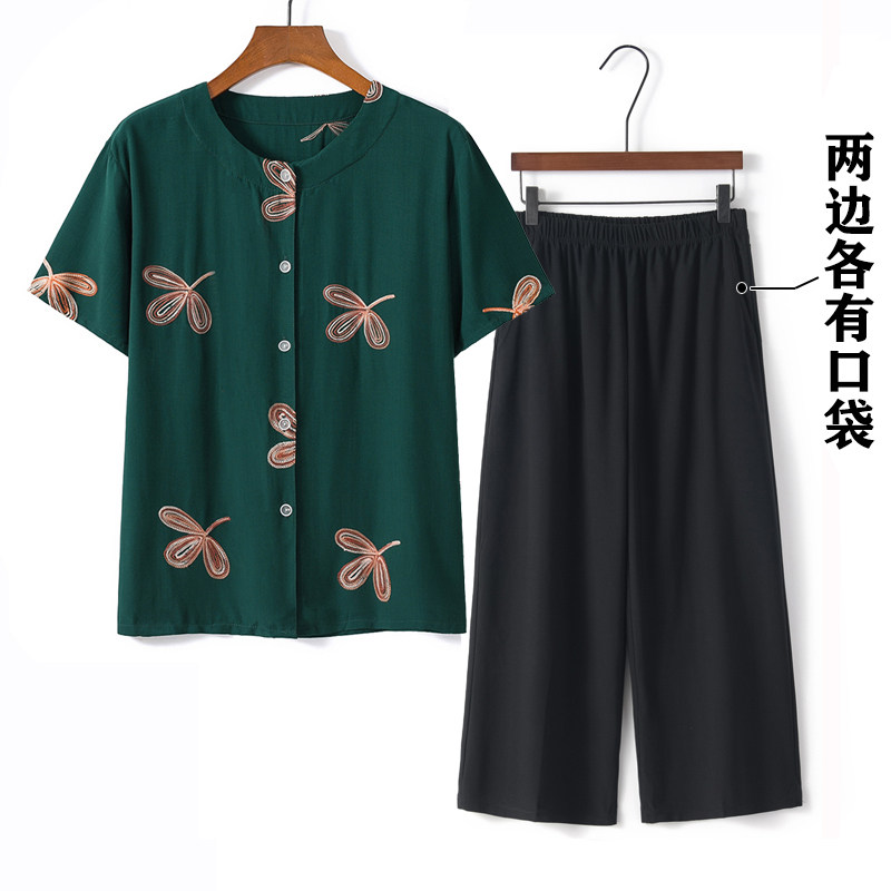 中老年女装奶奶夏装套装妈妈装棉绸衣服老年短袖上衣老年人两件套