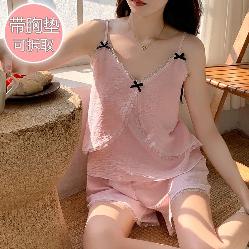 云朵棉夏季睡衣女薄款带胸垫吊带短裤套装甜美可爱纯色家居服