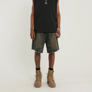 高街小众复古水洗做旧泥染毛边牛仔短裤 男潮牌街头阔腿宽松五分裤
