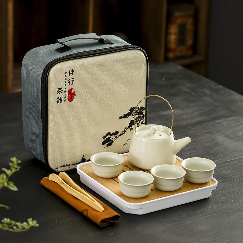 事事如意旅行茶具米黄汝窑复古陶瓷户外便携式快客杯功夫商务礼品