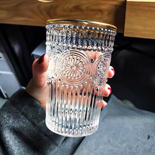ins风礼品日式 金边太阳花玻璃杯女 浮雕啤酒杯子家用复古水杯