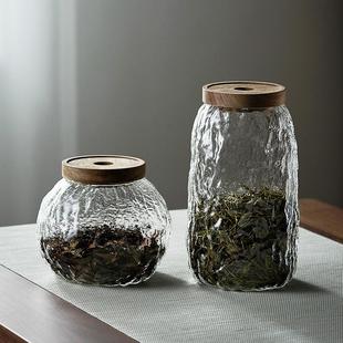 日式 大号家用便携锤纹茶叶罐密封玻璃储物罐 普洱茶透明罐子装