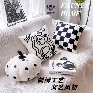 北欧简约抱枕ins风黑白奶油文艺毛绒高级感沙发刺绣靠垫枕头含芯