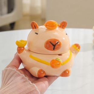 陶瓷烟灰缸带盖创意家用个性 饰品 客厅卧室可爱时尚 卡皮巴拉装