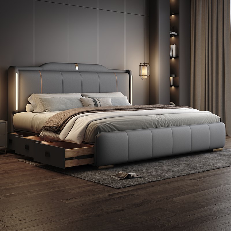 主卧双人床高端大气现代简约2米x2米2轻奢储物软包皮艺婚床大床