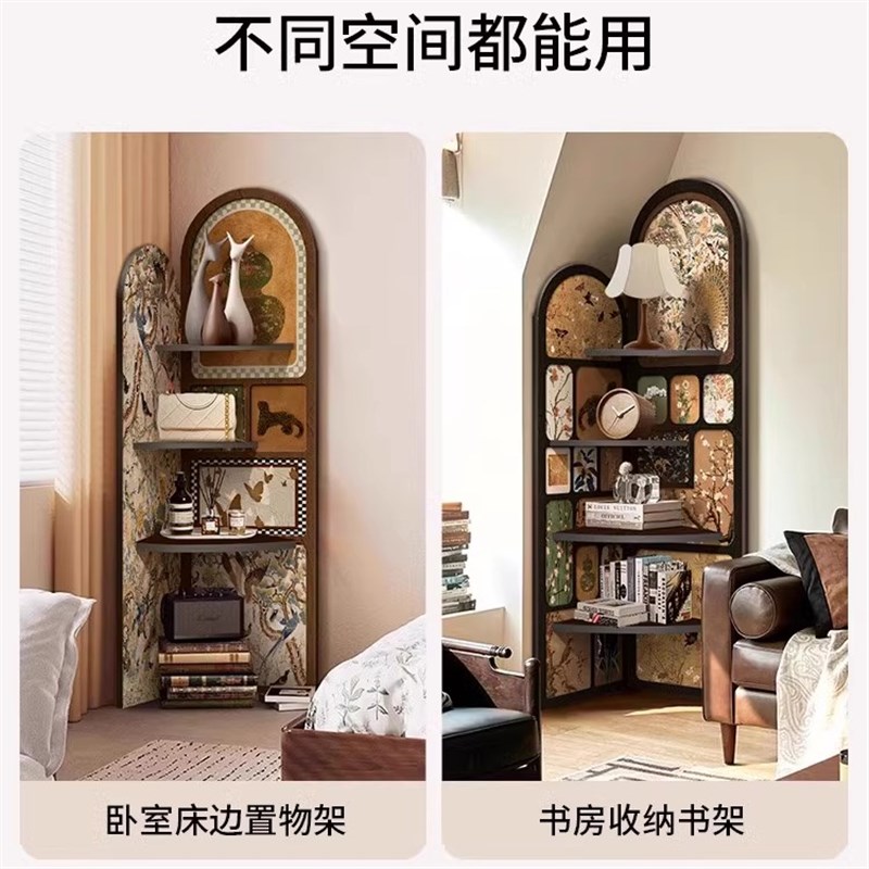 中古风落地摆件客厅电视柜旁边墙面转角柜复古置物架多层三角柜
