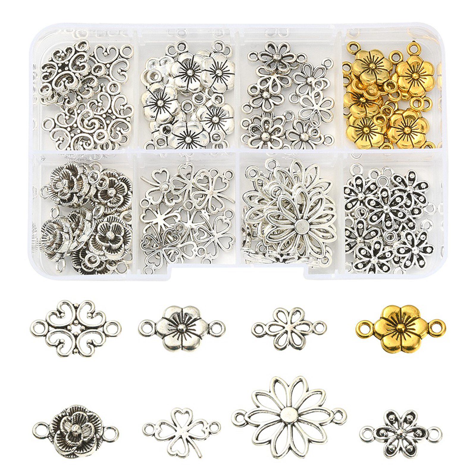 80个 藏银花朵连接器双吊坠套装 DIY饰品 金属花型项链手链连接扣