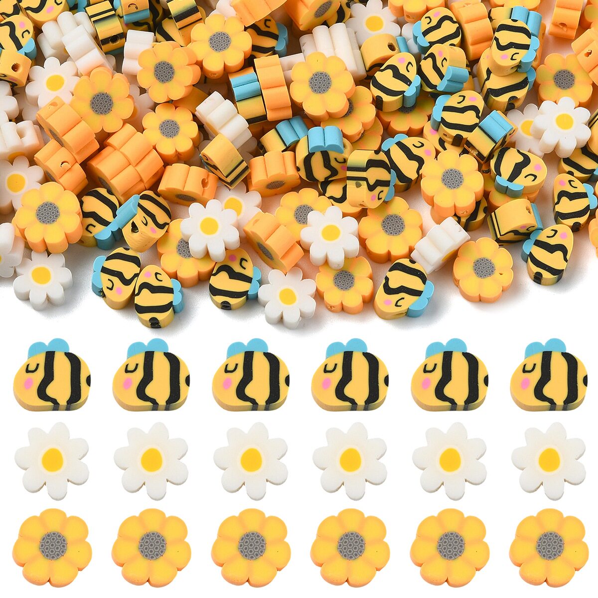 200个卡通可爱小蜜蜂向日葵主题软陶珠散珠DIY手链手机链串珠材料