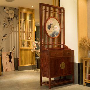 饰家用鞋 新中式 入户实木玄关隔断屏风客厅装 玄关柜 柜 双面晶瓷画