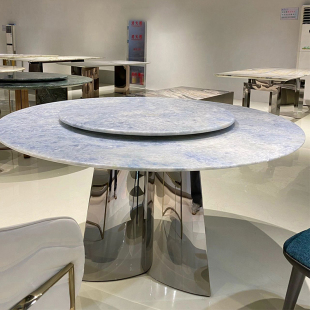 轻奢高端别墅家用圆餐桌天然大理石餐桌带转盘 蓝水晶奢石餐桌意式