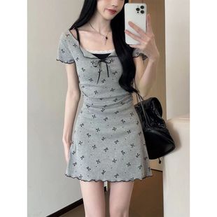 设计感裙连衣裙 夏季 新款 法式 赫本甜美少女感针织蝴蝶结A字裙短袖