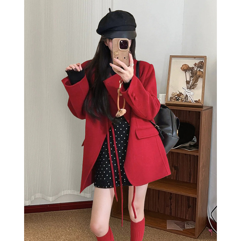 名媛风气质蝴蝶结宽松百搭红色外套显瘦波点半身裙千金感洋气套装