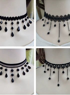 韩版项链女黑色蕾丝锁骨链脖链简约学生项圈多珠子颈链颈带饰品