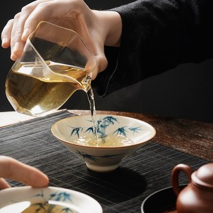 米黄汝窑手绘斗笠杯个人主人杯茶杯家用陶瓷品茗杯小茶碗