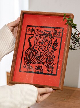 财神招财手工木版年画新年创意相框好寓意摆件春节装饰用品礼物