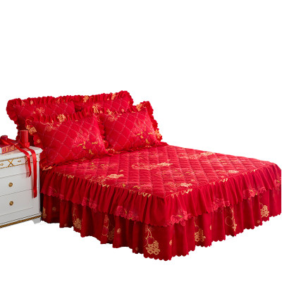 大红色磨毛加厚结婚庆夹棉床裙式床套单件床罩1.5 1.8米2m四件套