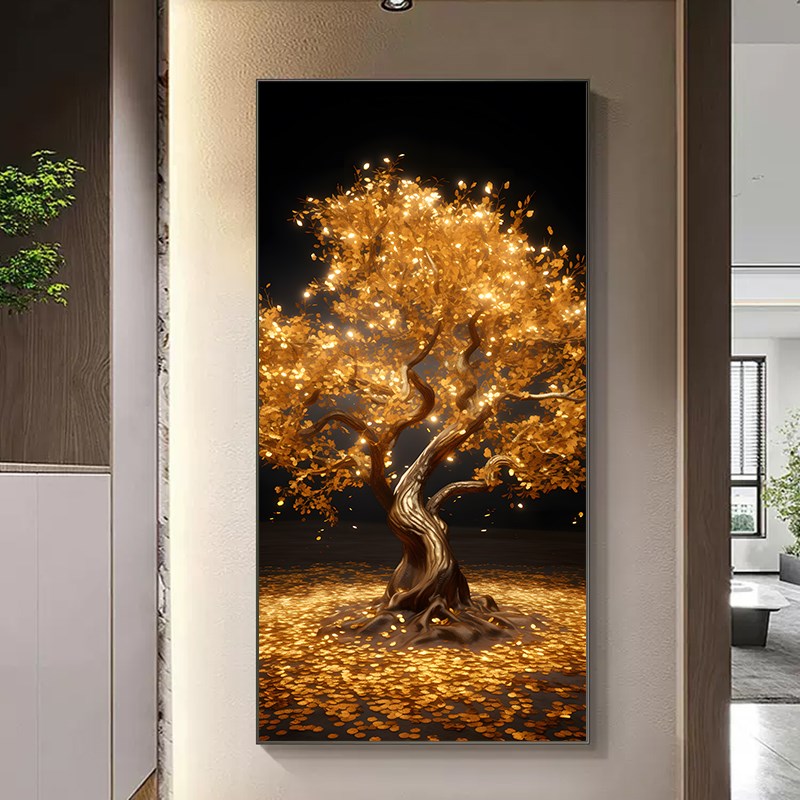 现代轻奢大气银杏树金色玄关装饰画客厅入户门过道挂画酒店壁画图片