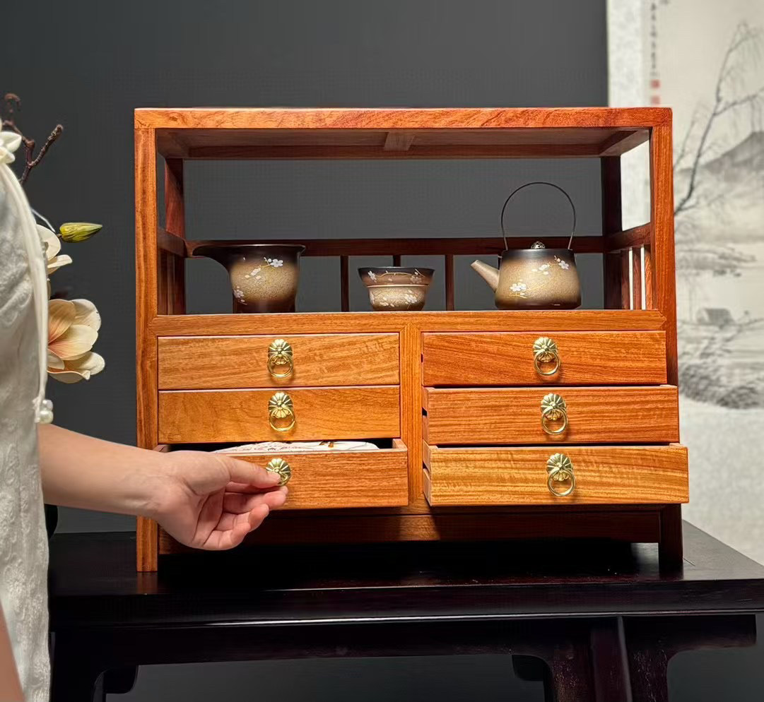 缅甸花梨木茶水柜茶叶收纳盒六抽多功能收纳柜红木茶饼盒