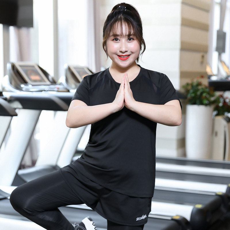 大码瑜伽服女夏胖mm跑步健身服短袖运动t恤宽松运动上衣200斤套装