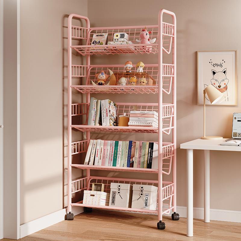 书架铁艺绘本架收纳架一体家用简易书柜可移动置物架落地