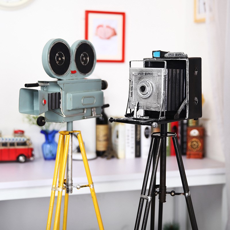 老式铁艺落地三脚架相机模型工艺品摆件复古装饰品摄影道具