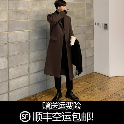 新款冬季b呢子大衣男长版过膝韩版毛呢外套男中款帅气英伦风衣加