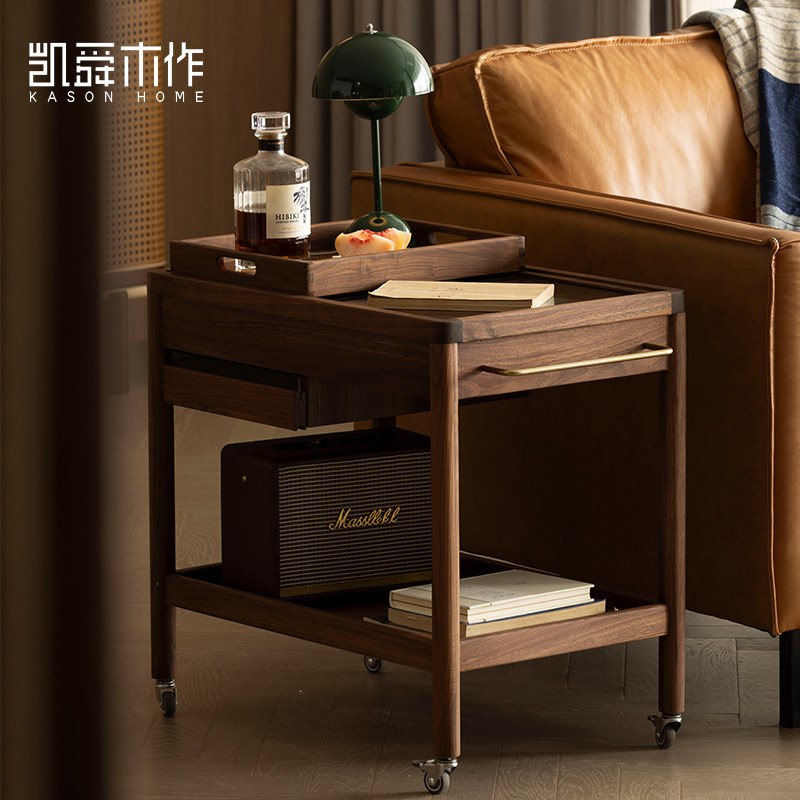 凯舜木作黑胡桃木边几可移动带轮茶几桌沙发边小推车北欧实木角几