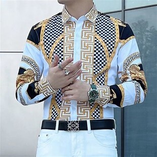 修身 欧货轻奢宫廷风印花长袖 潮流时尚 衬衫 简约大气衬 v男春秋新款