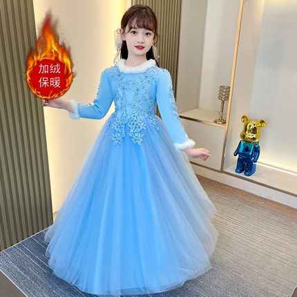 女童礼服端冬季婚纱蓬蓬裙加绒加厚儿童公主Q裙钢琴表演服连衣裙