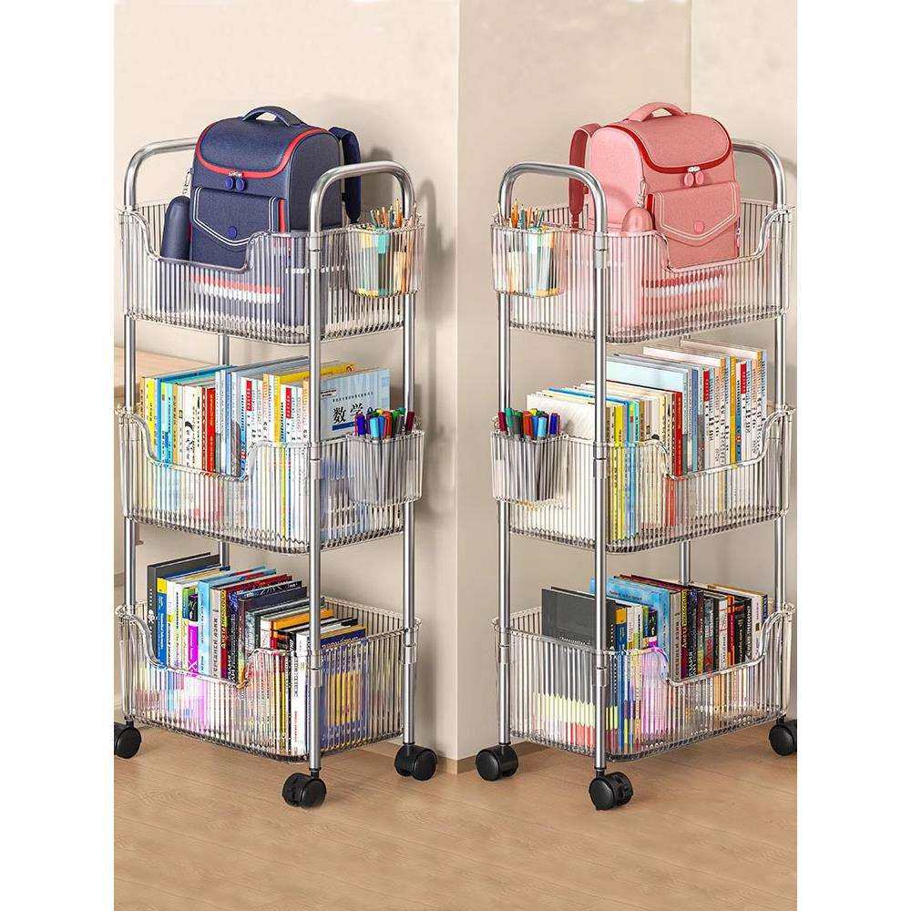 书本收纳架落地可移动带轮亚克力小推车放书包书桌旁家用多层书架