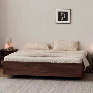 北欧黑胡桃木实木箱体床日式小户型无床头腾空气压储物床樱桃木床