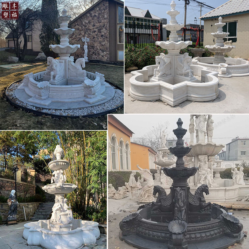大理石动物马喷泉厂家别墅后花园水景石雕小马喷泉欧式喷泉雕塑