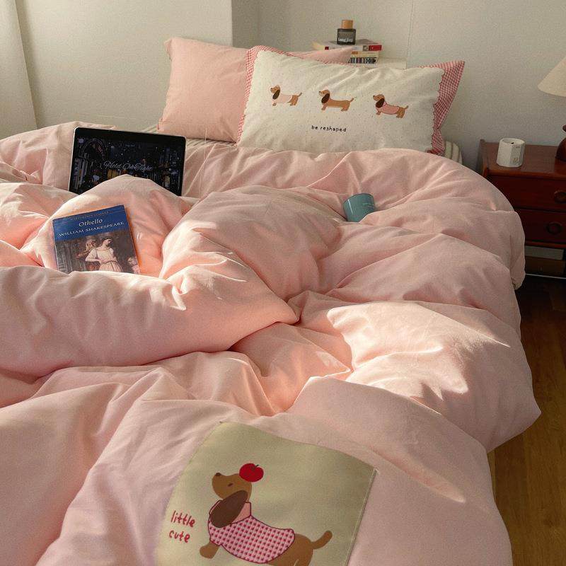 奶油风少女心全棉四件套纯棉简约纯色被套床单三件套学生宿舍单人
