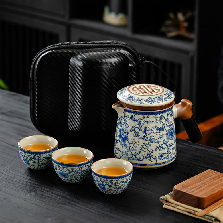 青花缠枝莲汝窑旅行茶具套装快客杯一壶三杯便携式户外露营泡茶器
