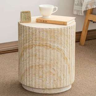 现代仿洞石纹理罗马柱边几中古风家居圆形茶几阳台简约可移动角几