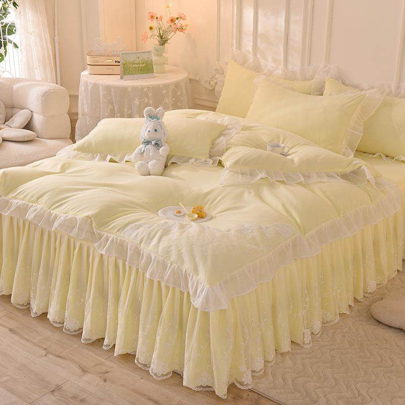 韩式公主风床裙款四件套蕾丝被套少女心全纯色床单水洗棉床上用品