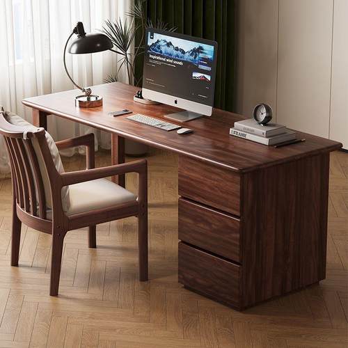 胡桃木实木书桌带柜子抽屉电脑桌现代简约原木办公桌家用书柜组合