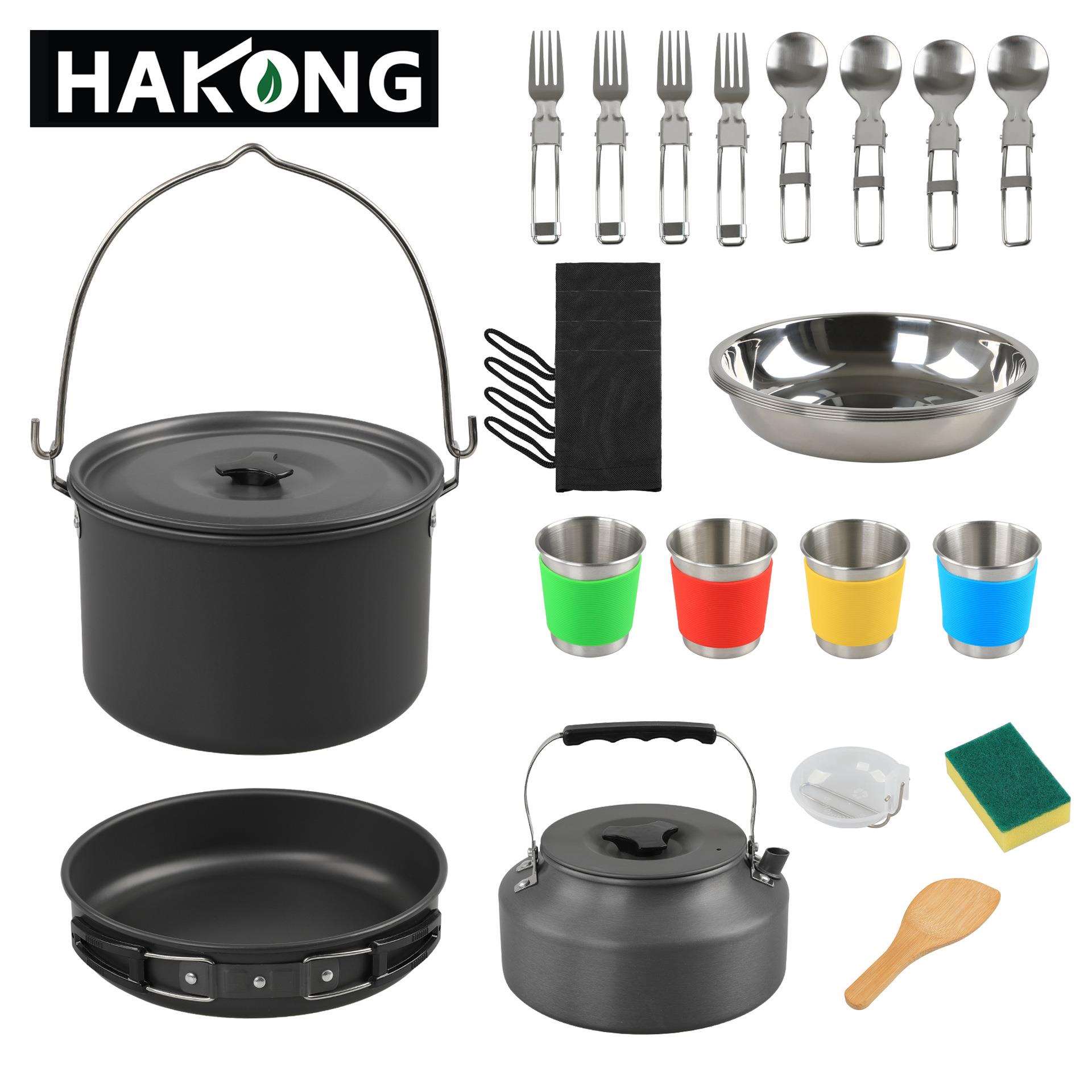 户外野营4.2L大吊锅配1.6L水壶特大煎锅不锈钢杯盘子叉勺配件套装