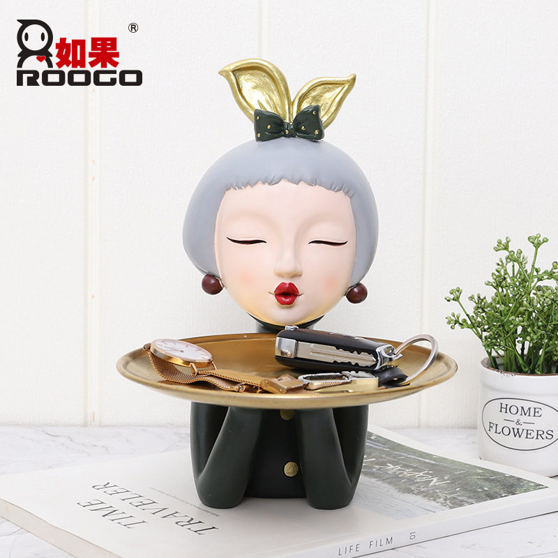 创意卡通摩登女孩客厅餐厅收纳盘树脂工艺品玄关摆件桌面装饰果盘