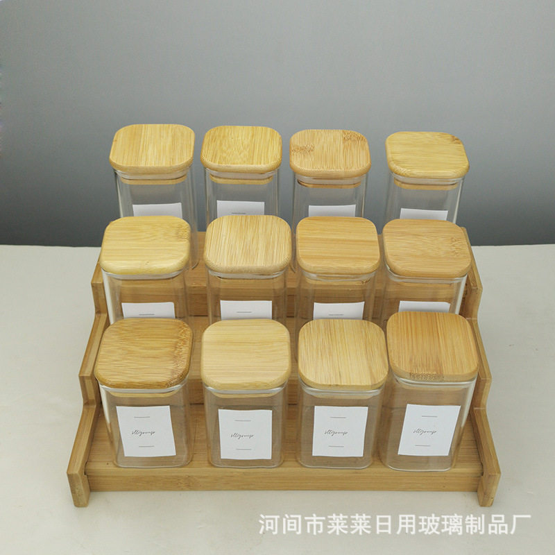 亚马逊方罐套装厨房收纳整理玻璃储物罐调料罐分装瓶展示罐带竹架