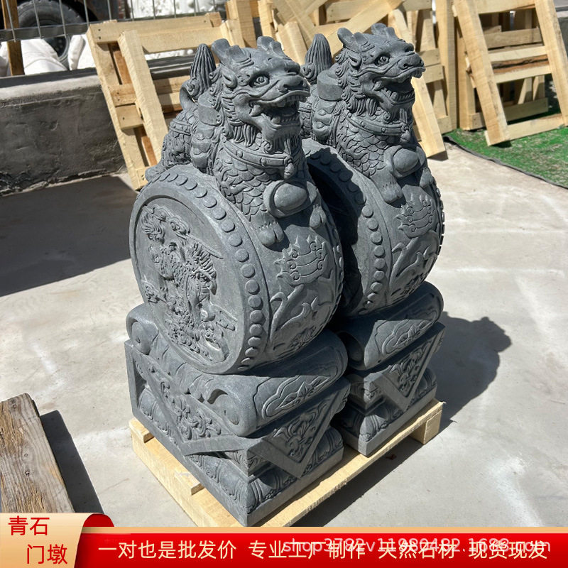 石雕门墩天然青石抱鼓石一对家用别墅门口貔貅麒麟石狮子石鼓摆件图片