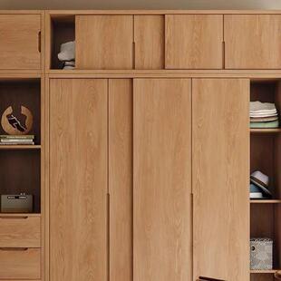 全实木橡木推拉门衣柜家用卧室收纳柜北欧原木风小户型趟门大衣橱